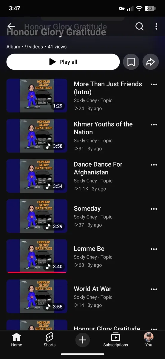My track with the most streams is Dance Dance For Afghanistan, probably because it promotes peace and prosperity.  It's a good party/dance-mode track.  1.1K organic streams on YT.  The other tracks have way less than 100 streams.  People like to feel good and party, and Dance Dance For Afghanistan brings out the entertainment to accommodate.